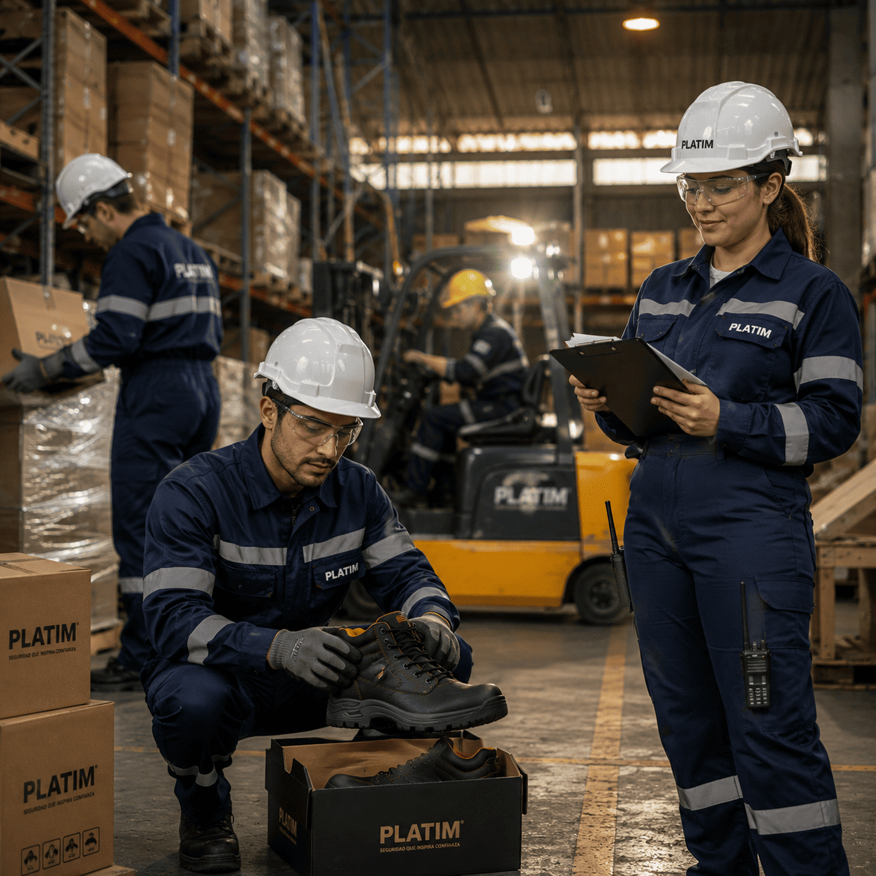 Trabajador con dotación completa: casco, gafas, guantes y elementos de protección de PLATIM
